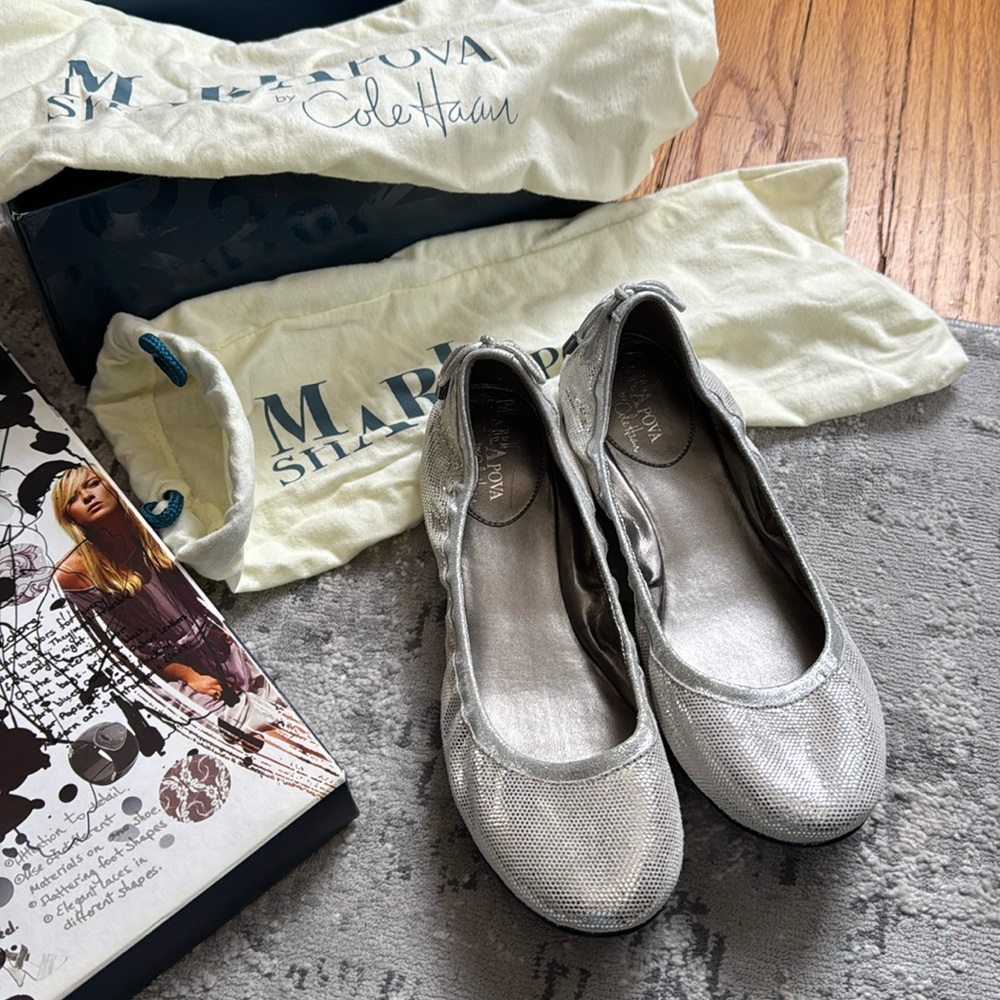 Maria Sharapova by Cole Haan Air Bacara Flats Glitter Skimmers Silver Size 6.5
